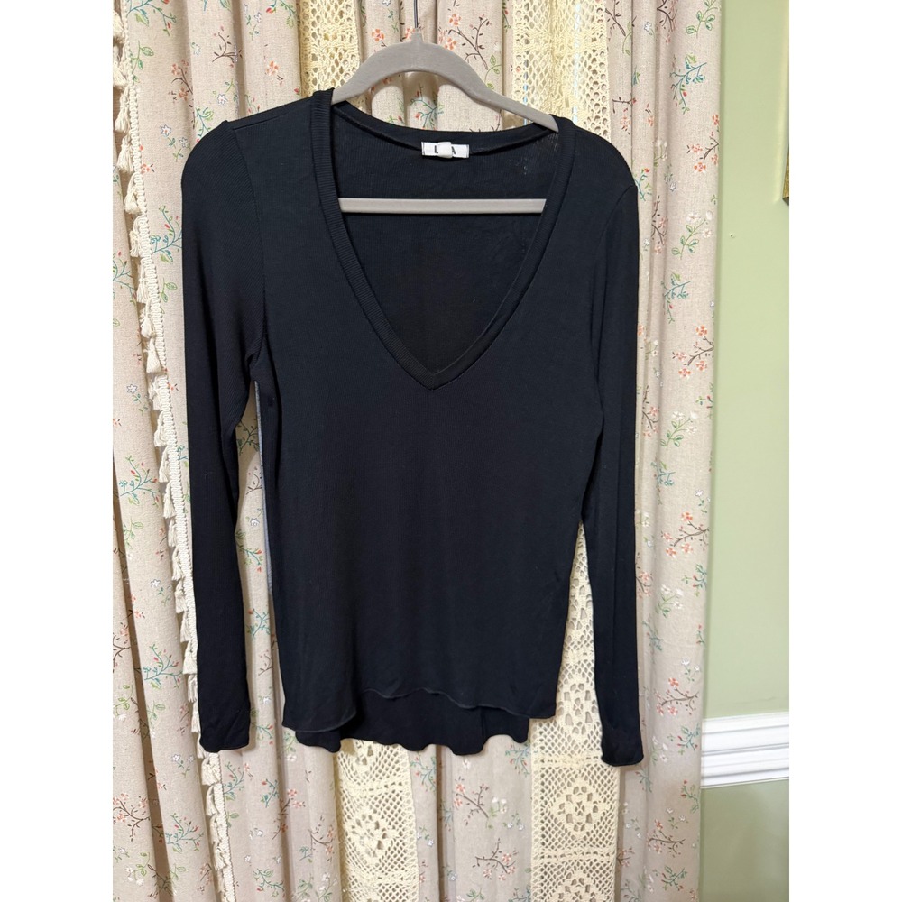 LNA Womens L Black Ribbed Modal Long Sleeve Deep V Neck Top Made in USA